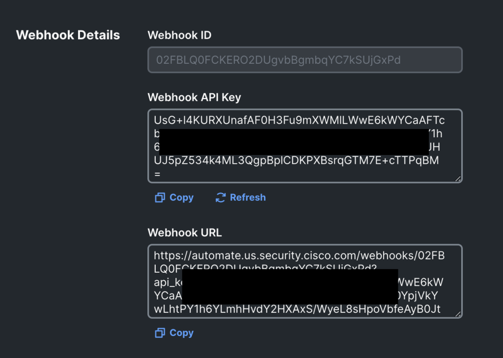 Example Webhook credentials & unique URL.