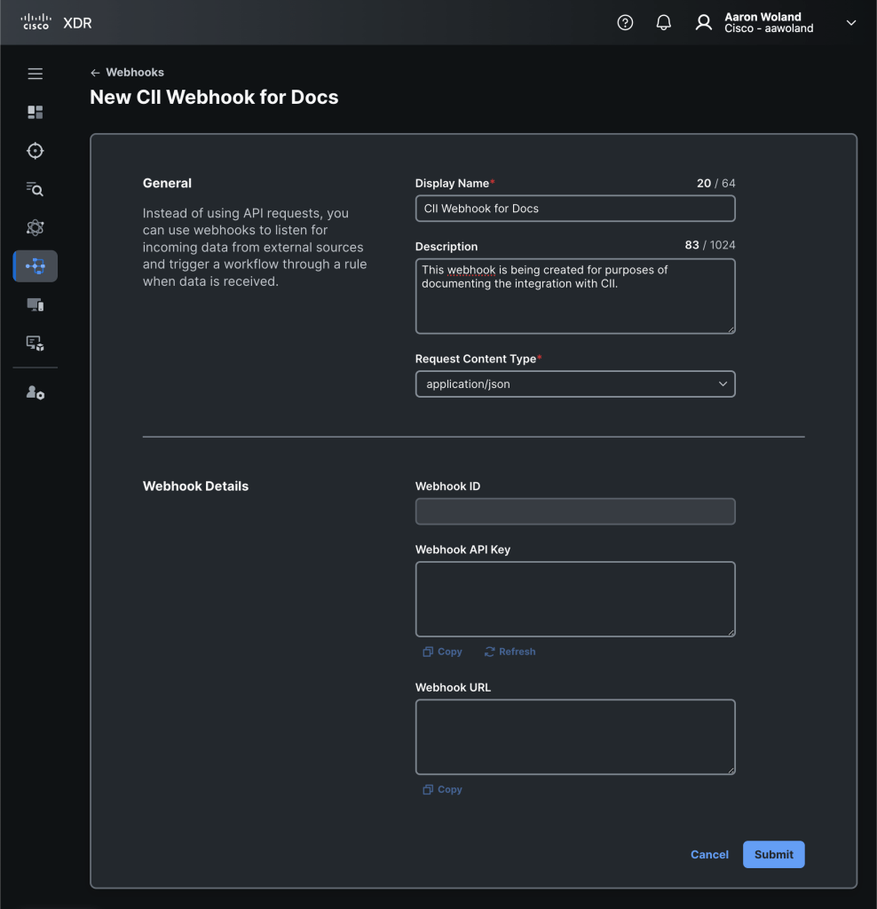 New Webhook creation. Details fill in after Submission. 