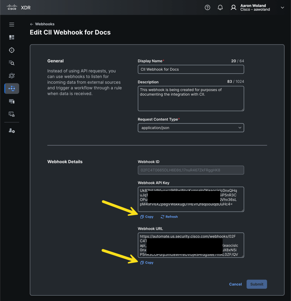 Webhook Details. Copy the Key & URL.