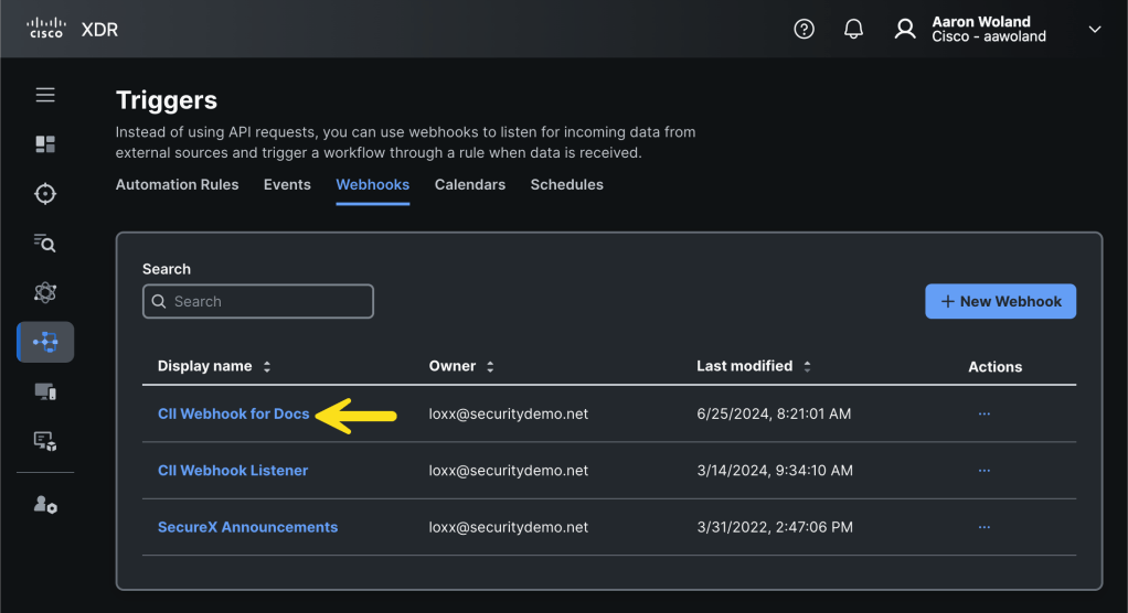 List of Webhook listeners. Click the new one.